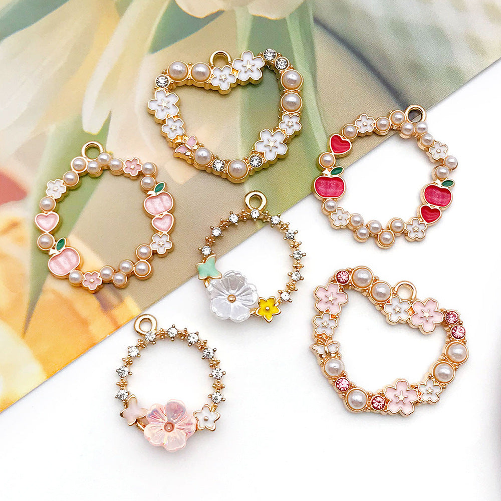 Zinc Alloy Pearl Wreath Heart Ring Flower Apple Charm Pendant for DIY Earring Keychain