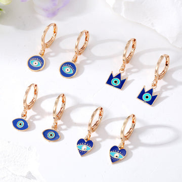 Gold Tone Blue Enamel Evil Eye Huggie Drop Earrings