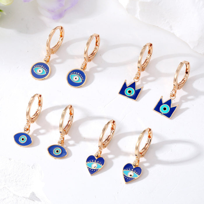 Gold Tone Blue Enamel Evil Eye Huggie Drop Earrings