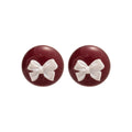 Burgundy Round Stud Earrings With White Bow Accents view 5