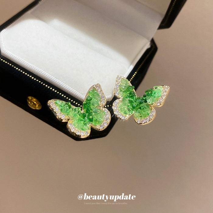 Green Crystal Butterfly Stud Earrings for Women Fashion Jewelry