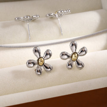 Silver Five Petal Flower Gold Center Small Stud Earrings