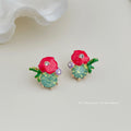 Red Enamel Morning Glory Green Crystal Flower Stud Pair view 3