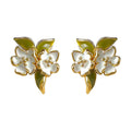 Gold Tone Green Leaf White Gardenia And Pearl Stud Earrings view 5