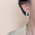 Silver Matte Wave Frame Olive Cabochon Pearl Drop Earrings view 2