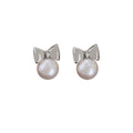 Silver Bow White Pearl Stud Earrings Mini Metal Ribbon view 5
