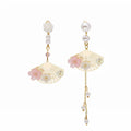 Mismatched Pearl Look Fan and Pink Flower Long Earrings view 1