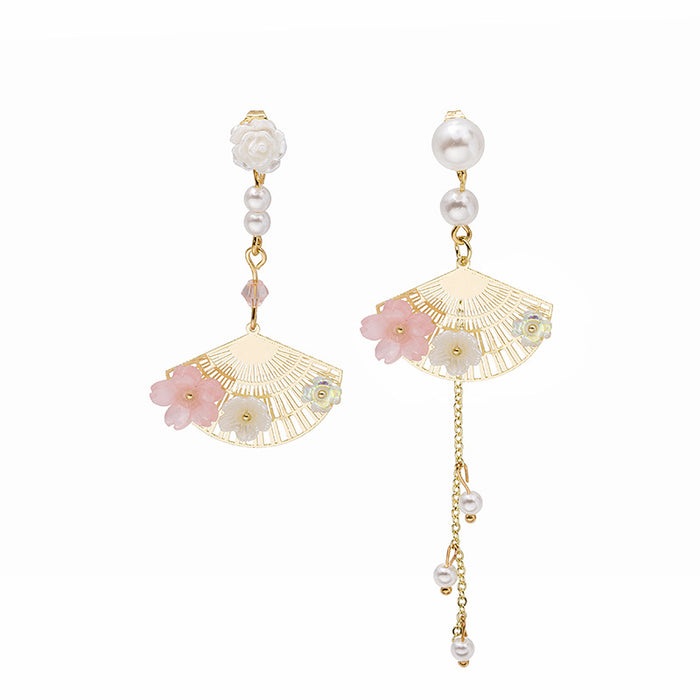 Mismatched Pearl Look Fan and Pink Flower Long Earrings