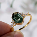 Gold Tone Hexagonal Moss Agate Marquise Accent Finger Ring Sizes 6-10 view 3