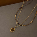 Gold Tone Layered Necklace with Brown Oval Pendant view 4