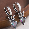 Antique Silver Crown Heart Rainbow Stone Huggie Earrings view 1