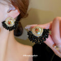 Black Beaded Floral Fan Statement Stud Earrings Decorative Jewelry view 1