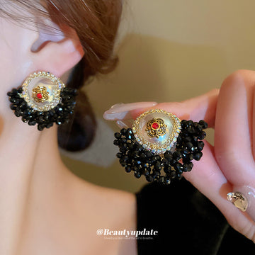 Black Beaded Floral Fan Statement Stud Earrings Decorative Jewelry
