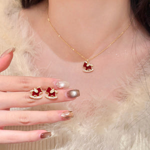 Red Enamel Rocking Horse Necklace and Stud Earrings