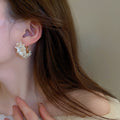 Gold White Floral Crystal Hoop Earrings Polished Metal Jewelry view 4