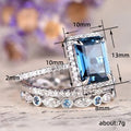 Aqua Rectangular Halo And Vine Band Two-Ring Set In Silver Tone view 5