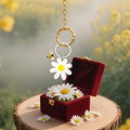 White Daisy Wood Flower Bee Rhinestone Keychain Silver Ring view 4