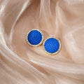 Blue Quilted Fabric Round Stud Earrings Crystal Gold Rim view 6