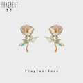 Gold Tone Rose Flower Green Leaf And White Pearl Stud Earrings view 1