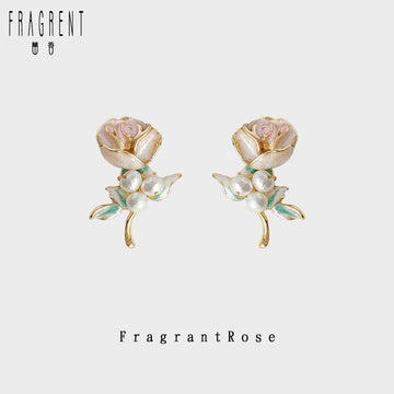 Gold Tone Rose Flower Green Leaf And White Pearl Stud Earrings