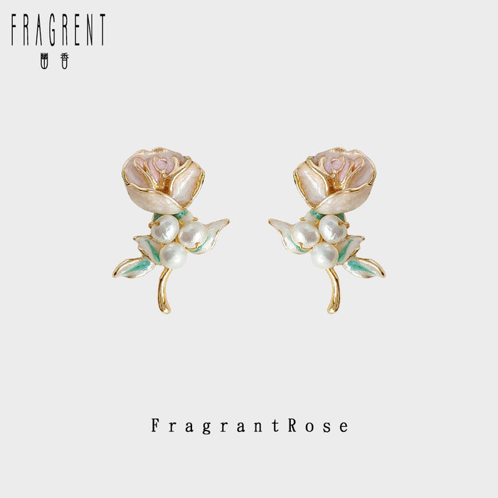 Gold Tone Rose Flower Green Leaf And White Pearl Stud Earrings
