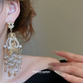 Gold Tone Crystal Chandelier Earrings with Pearl Fringe view 3