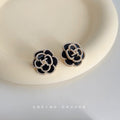 Black Camellia Flower Stud Earrings Pearl Gold Border view 3
