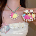 Rainbow Raffia Fan Cowrie Shell Necklace Earrings Beach Set view 1