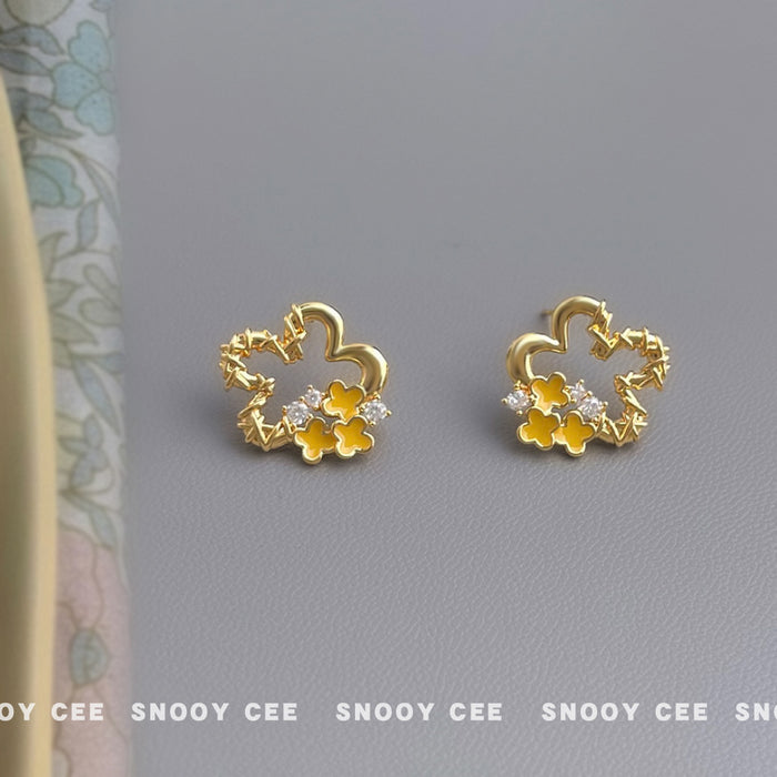 Gold Cloud Outline Stud Earrings Yellow Enamel Flowers CZ