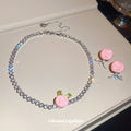Pink Rose Crystal Tennis Necklace And Rose Leaf Stud Earrings view 4