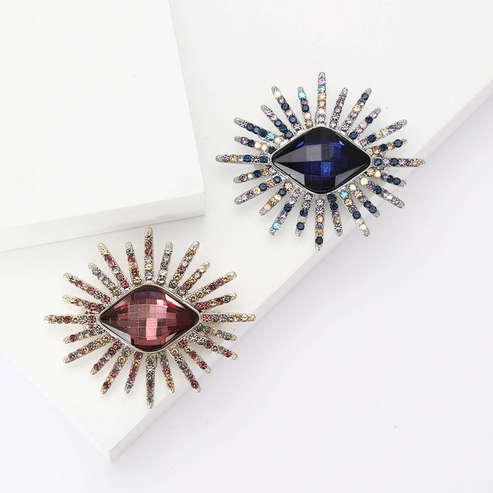 Sunburst Faceted Crystal Brooch Rhinestone Rays Purple Blue