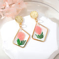 Gold Tone Triangle and Quadrilateral Resin Pressed Flower Drop Stud Earrings view 4