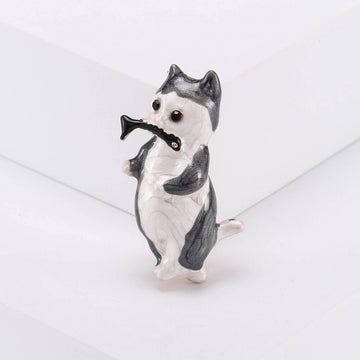 Playful Gray Cat Holding a Fish Enamel Brooch Lapel Pin