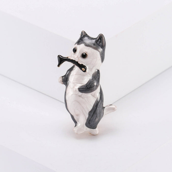 Playful Gray Cat Holding a Fish Enamel Brooch Lapel Pin