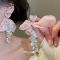 Fabric Flower Long Drop Earrings in Three Pastel Color Mixes view 3