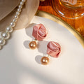 Fabric Rose and Pearl Look Gold Tone Dangle Stud Earrings view 6