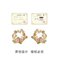 Gold Tone Pink Flower Green Leaf And Pearl Wreath Stud Earrings view 3