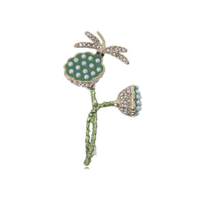 Green Enamel Lotus Seedpod Brooch Pearl Dragonfly Pin