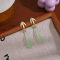 Green Long Teardrop and Gold Leaf Dangle Stud Earrings view 2
