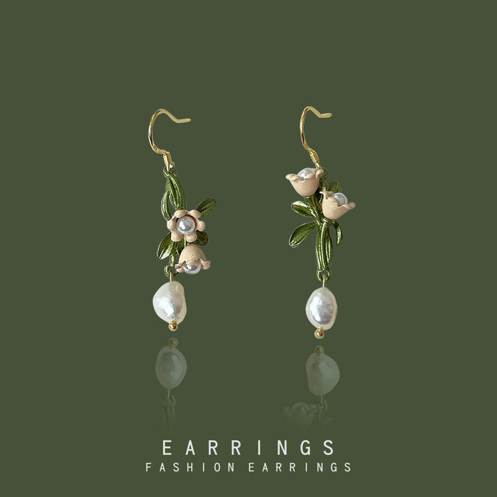 Gold Tone Green Branch White Flower And Pearl Hook Earrings