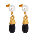 Gold Steel Faux Pearl Black Glass Stone Drop Earrings view 5