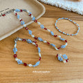 Blue Red Beaded Flower Necklace Bracelet Ring Four Pieces view 4