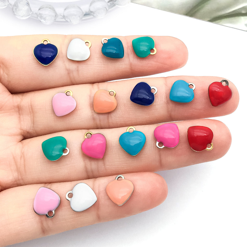 Stainless Steel Enamel Heart Double Sided Charm Pendant for Bracelets Necklaces Earrings