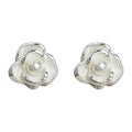Silver Camellia Flower Stud Earrings Cream Petal Pearl view 5