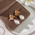 Matte Gold Flower Cluster Pearl Drop Stud Earrings view 3
