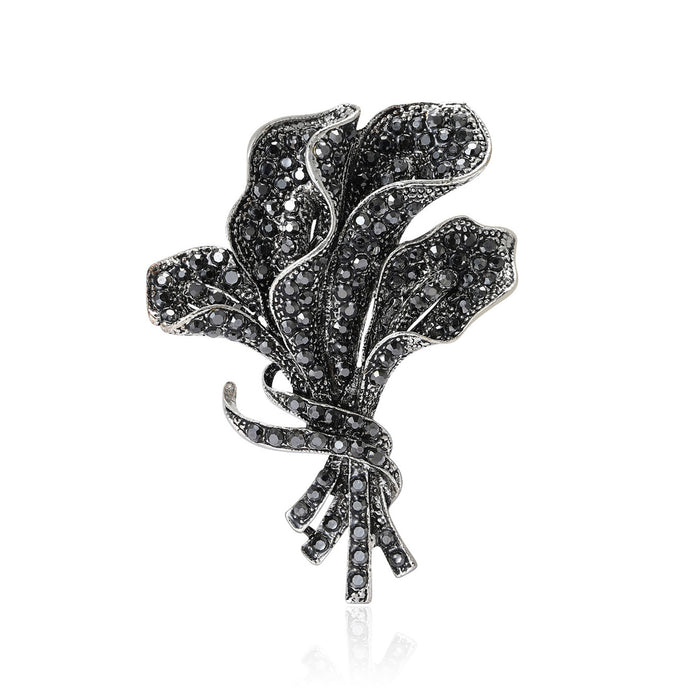 Black Crystal Orchid Bouquet Brooch with Ribbon Detail