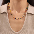 Multicolor Natural Stone Beaded Necklace Gold Bamboo Accents view 3