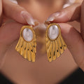 Fan Shell Pearl Stud Earrings Gold And Steel Tone Pair view 1
