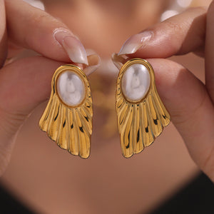 Fan Shell Pearl Stud Earrings Gold And Steel Tone Pair