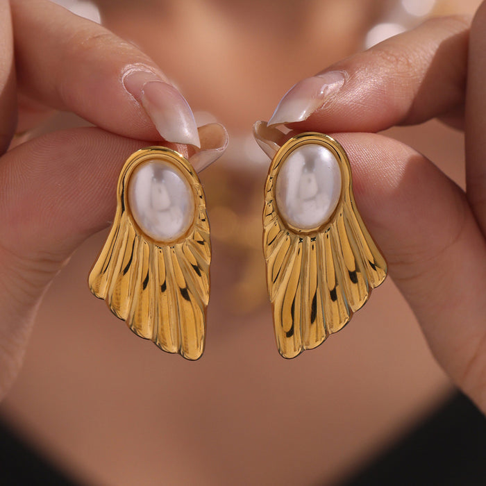 Fan Shell Pearl Stud Earrings Gold And Steel Tone Pair